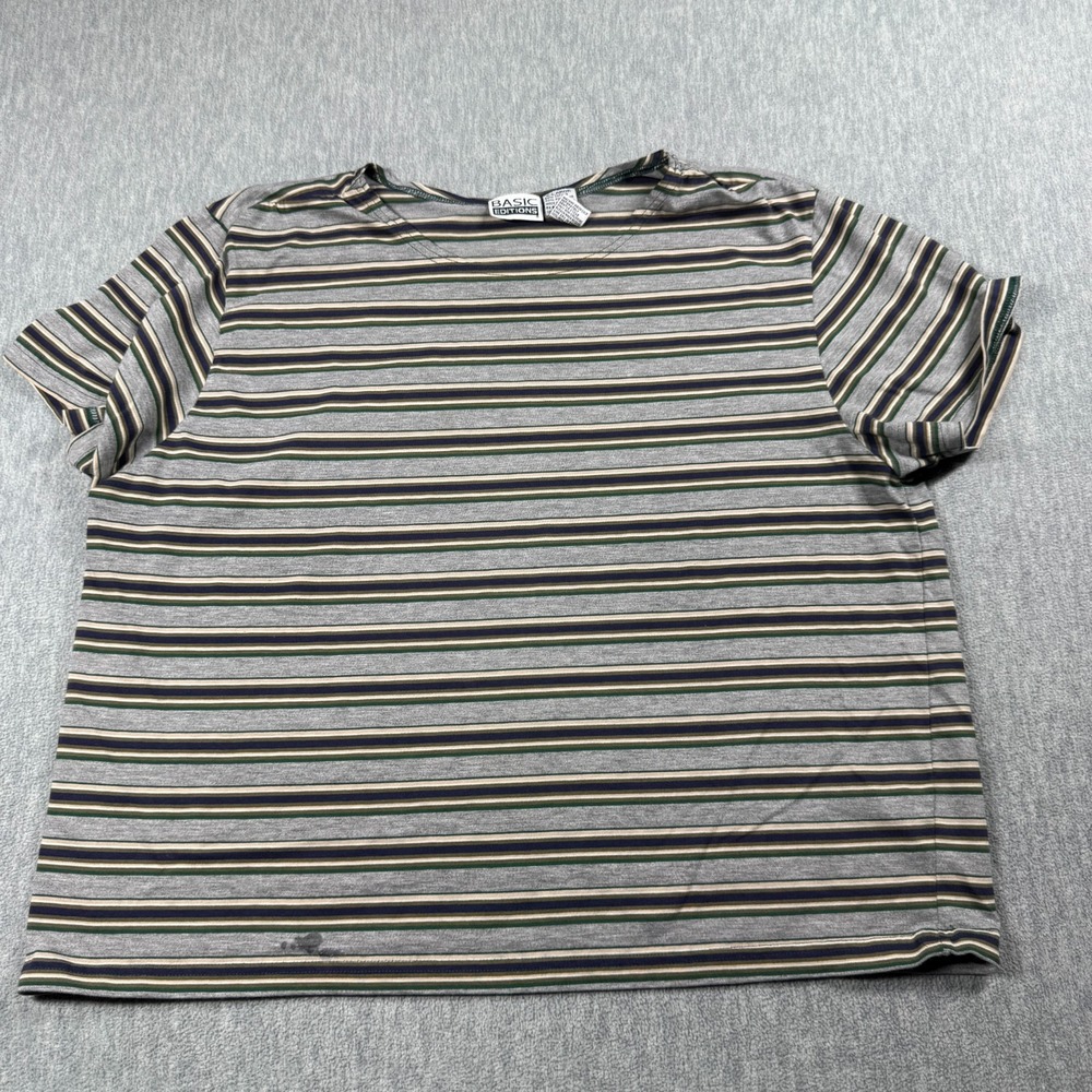 Basic Editions Shirt Womens XL Gray Striped Cotton Blend Short Sleeve Y2K Tee